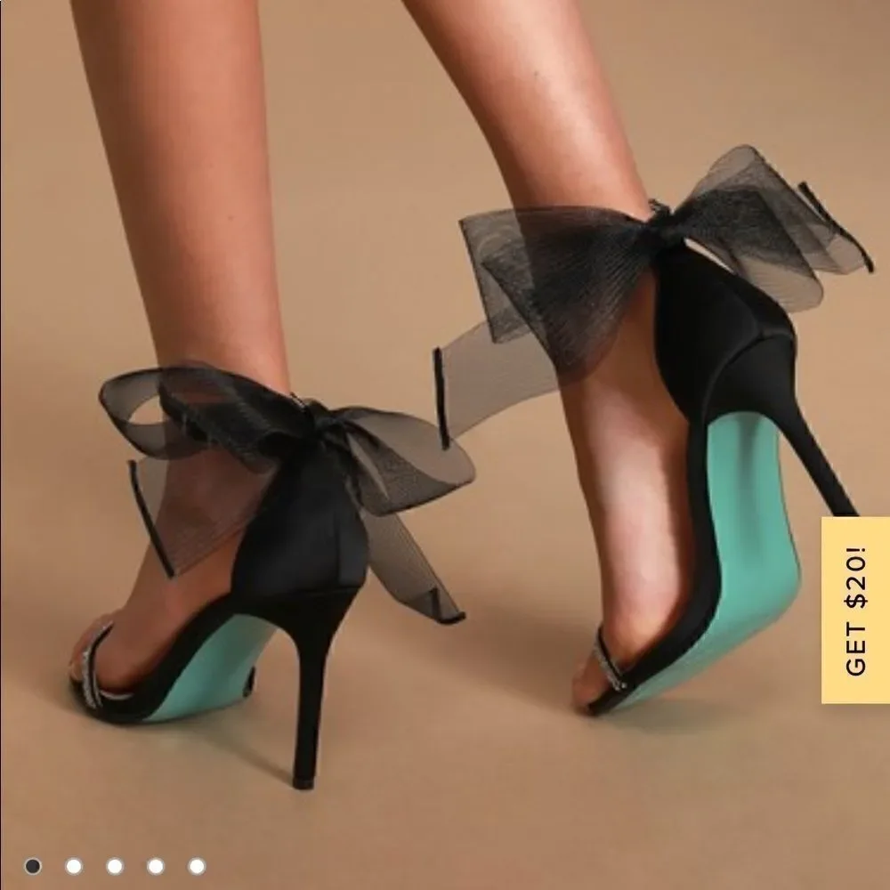 Betsy Johnson SB-Tori Black Satin Rhinestone Bow Ankle Strap